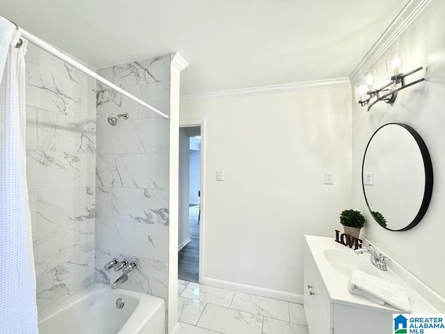 2723 6th St NE, Center Point, AL 35215 - bathroom featuring marble finish floors, shower / tub combo, vanity, baseboards, and crown molding