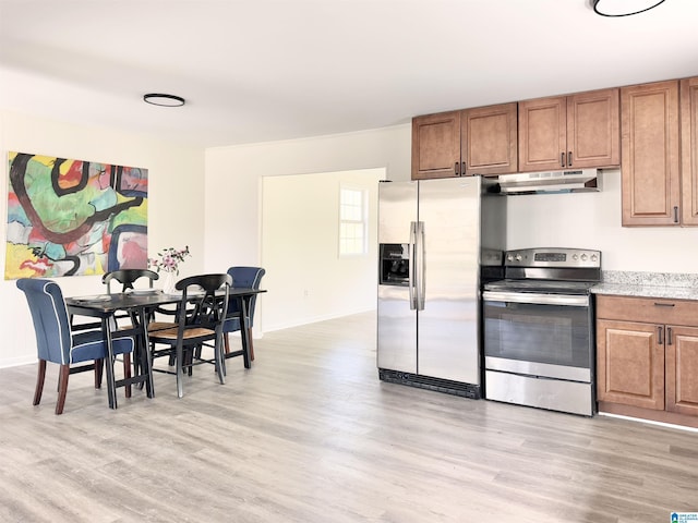 2723 6th St NE, Center Point, AL 35215 - kitchen featuring appliances with stainless steel finishes, under cabinet range hood, light wood finished floors, and baseboards