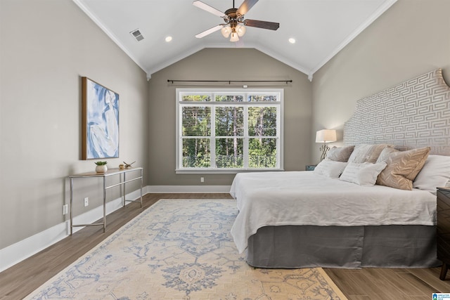 731 Rosebury Rd, Helena, AL 35080 - bedroom with wood finished floors, baseboards, ornamental molding, vaulted ceiling, and ceiling fan