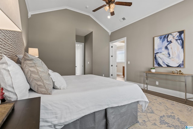 731 Rosebury Rd, Helena, AL 35080 - bedroom featuring wood finished floors, crown molding, lofted ceiling, baseboards, and a ceiling fan