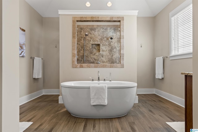 731 Rosebury Rd, Helena, AL 35080 - bathroom featuring a soaking tub, baseboards, wood finished floors, and a tile shower