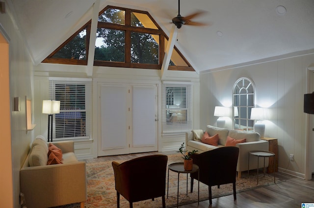 1679 Curry Hwy, Jasper, AL 35503 - living area featuring ceiling fan, wood finished floors, and high vaulted ceiling