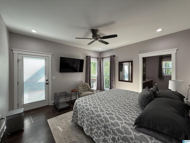 171 Sweetwater Dr, Wedowee, AL 36278 - bedroom with access to exterior, dark wood-type flooring, recessed lighting, ceiling fan, and baseboards