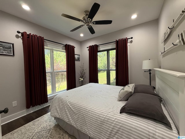 171 Sweetwater Dr, Wedowee, AL 36278 - bedroom featuring dark wood-type flooring, baseboards, recessed lighting, and ceiling fan