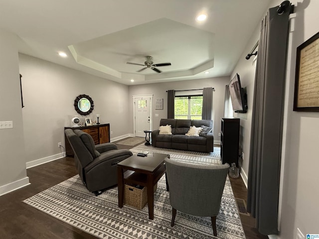 171 Sweetwater Dr, Wedowee, AL 36278 - living area with baseboards, a tray ceiling, ceiling fan, recessed lighting, and dark wood finished floors