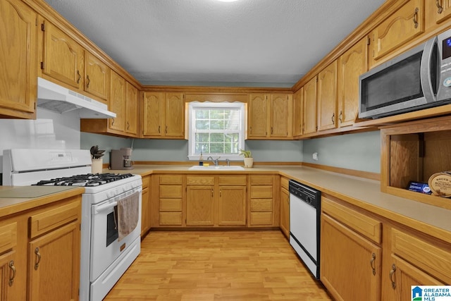 1416 11th St SE, Cullman, AL 35055 - kitchen with under cabinet range hood, white appliances, a sink, light wood-type flooring, and light countertops
