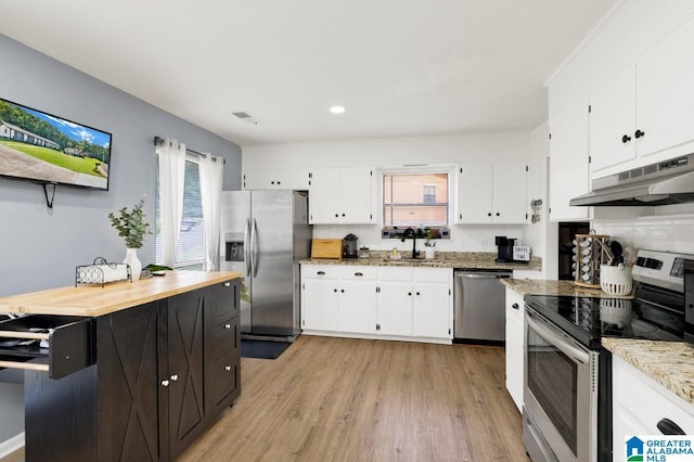 717 Country View Ter, Birmingham, AL 35215 - kitchen featuring stainless steel appliances, a sink, white cabinetry, light wood-style flooring, and under cabinet range hood