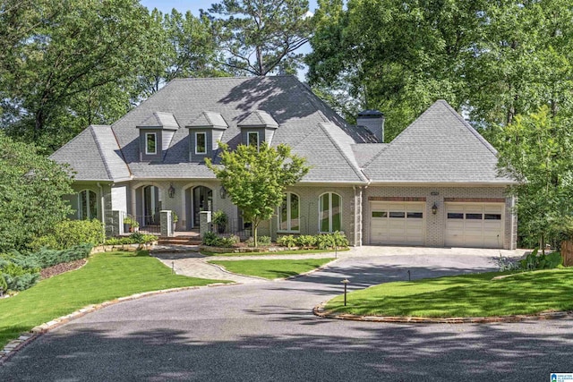 4670 Old Looney Mill Rd, Birmingham, AL 35243 - french country home featuring driveway, a garage, a front yard, and a chimney