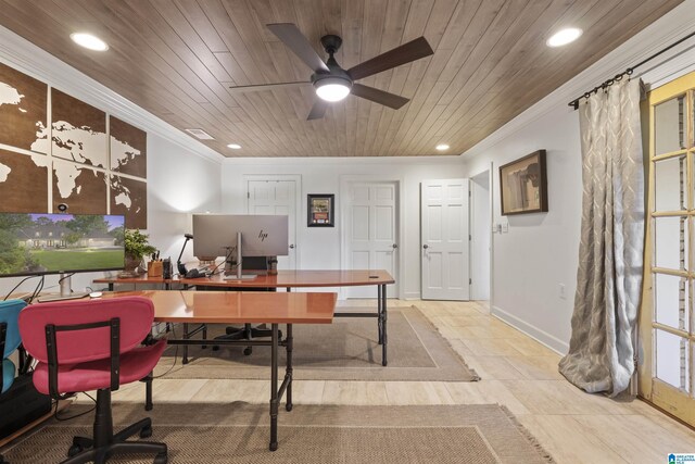 4670 Old Looney Mill Rd, Birmingham, AL 35243 - office space featuring crown molding, recessed lighting, ceiling fan, and wooden ceiling