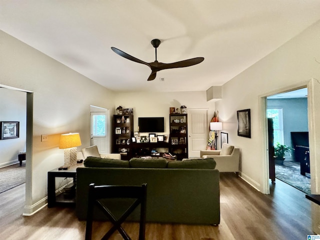 567 Brookwater Way, Wedowee, AL 36278 - living room featuring wood finished floors, a ceiling fan, and baseboards