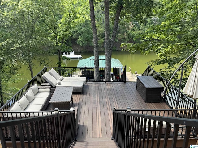 567 Brookwater Way, Wedowee, AL 36278 - deck featuring outdoor lounge area, a water view, and view of wooded area