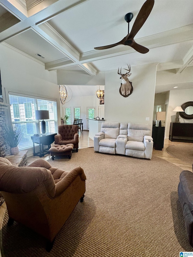 567 Brookwater Way, Wedowee, AL 36278 - living room featuring coffered ceiling, a chandelier, beamed ceiling, a ceiling fan, and crown molding