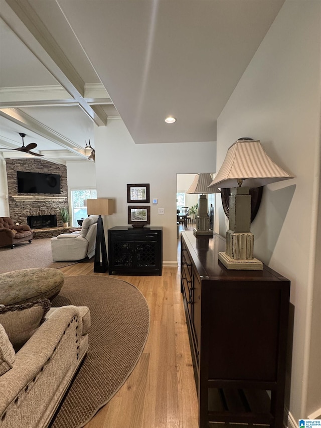 567 Brookwater Way, Wedowee, AL 36278 - living room with ceiling fan, light wood-style floors, a fireplace, beamed ceiling, and recessed lighting