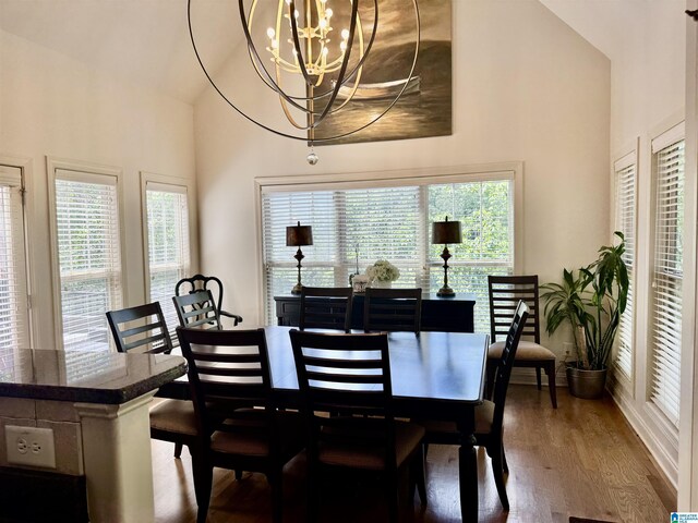 567 Brookwater Way, Wedowee, AL 36278 - dining space with high vaulted ceiling, a chandelier, and wood finished floors