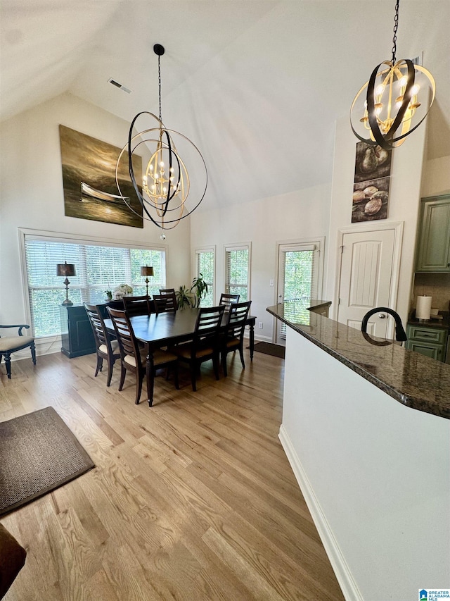 567 Brookwater Way, Wedowee, AL 36278 - dining space featuring a chandelier, high vaulted ceiling, light wood finished floors, and baseboards