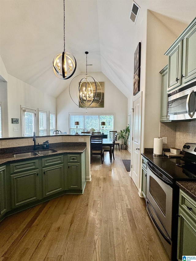 567 Brookwater Way, Wedowee, AL 36278 - kitchen featuring stainless steel appliances, a sink, green cabinetry, a chandelier, and dark countertops