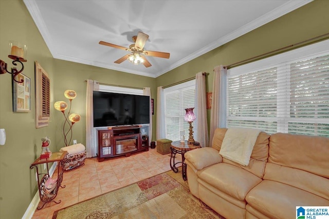 617 Golden Eagle Cir, Jasper, AL 35504 - living room featuring ceiling fan, tile patterned floors, crown molding, and baseboards