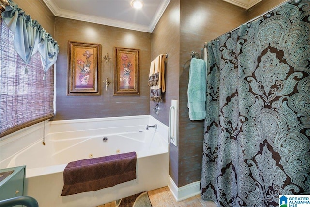617 Golden Eagle Cir, Jasper, AL 35504 - bathroom featuring ornamental molding, a tub with jets, tile patterned flooring, and a shower with curtain