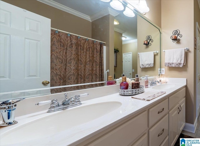 617 Golden Eagle Cir, Jasper, AL 35504 - bathroom with ornamental molding, double vanity, and a shower with curtain