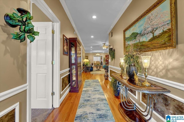 617 Golden Eagle Cir, Jasper, AL 35504 - corridor featuring crown molding, light wood-style flooring, recessed lighting, and wainscoting