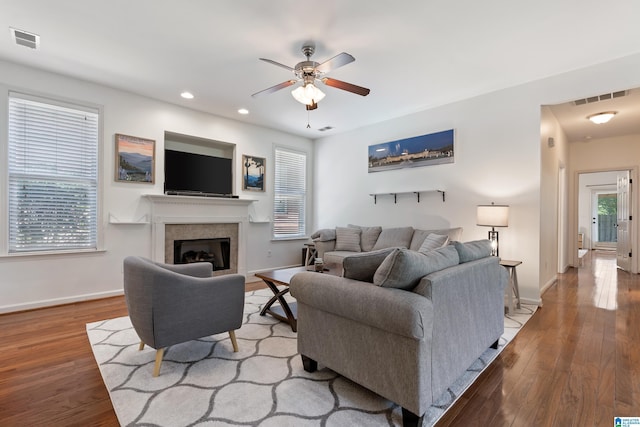 5846 Water Branch Rd, Hoover, AL 35244 - living area featuring ceiling fan, wood finished floors, baseboards, recessed lighting, and a fireplace