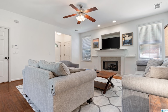 5846 Water Branch Rd, Hoover, AL 35244 - living room with a ceiling fan, light wood-type flooring, recessed lighting, a fireplace, and baseboards