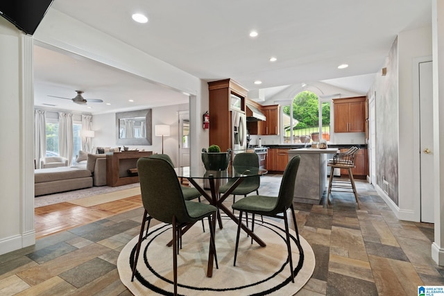 3208 N Woodridge Rd, Mountain Brook, AL 35223 - dining space with plenty of natural light, ceiling fan, baseboards, recessed lighting, and vaulted ceiling