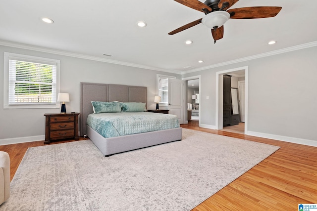 3208 N Woodridge Rd, Mountain Brook, AL 35223 - bedroom featuring light wood-style floors, crown molding, baseboards, recessed lighting, and ceiling fan
