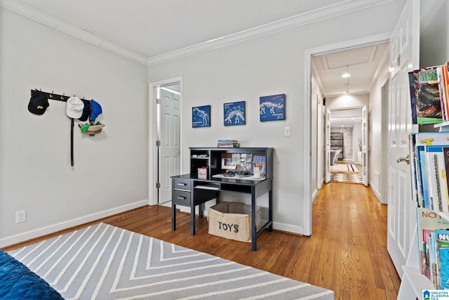 3208 N Woodridge Rd, Mountain Brook, AL 35223 - office area with attic access, wood finished floors, crown molding, and baseboards