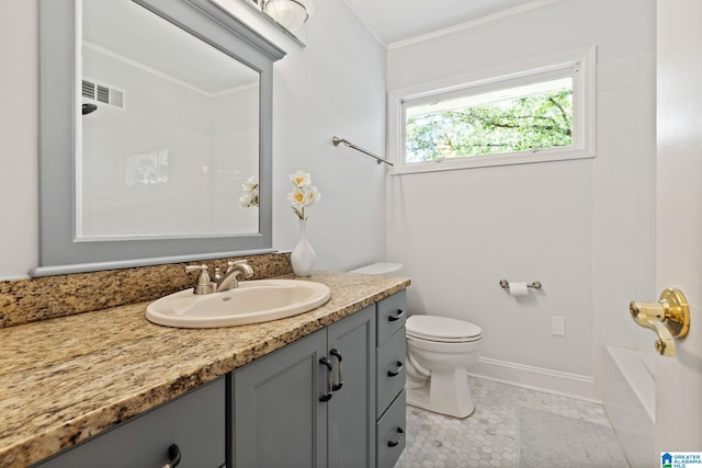3208 N Woodridge Rd, Mountain Brook, AL 35223 - full bathroom featuring vanity, crown molding, toilet, and shower / washtub combination