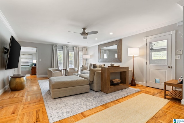 3208 N Woodridge Rd, Mountain Brook, AL 35223 - living area featuring ornamental molding, ceiling fan, baseboards, and recessed lighting
