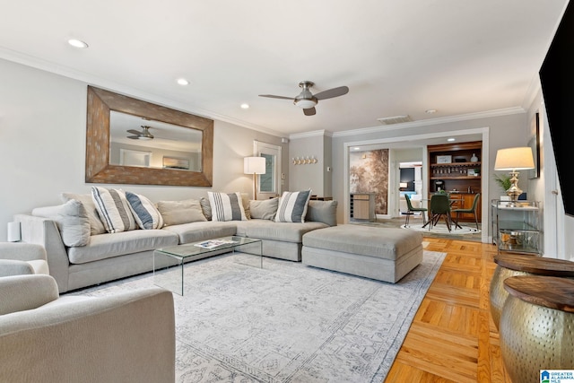 3208 N Woodridge Rd, Mountain Brook, AL 35223 - living room featuring ceiling fan, ornamental molding, and recessed lighting