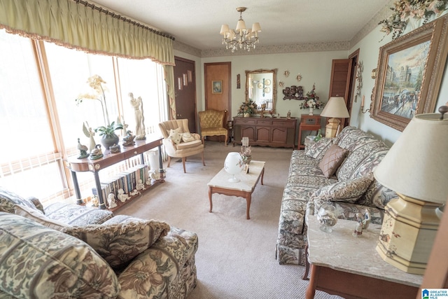 3332 Berry Dr, Hueytown, AL 35023 - living room featuring light carpet and a chandelier