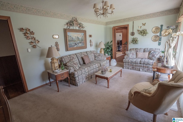 3332 Berry Dr, Hueytown, AL 35023 - living room featuring a chandelier, carpet floors, and baseboards