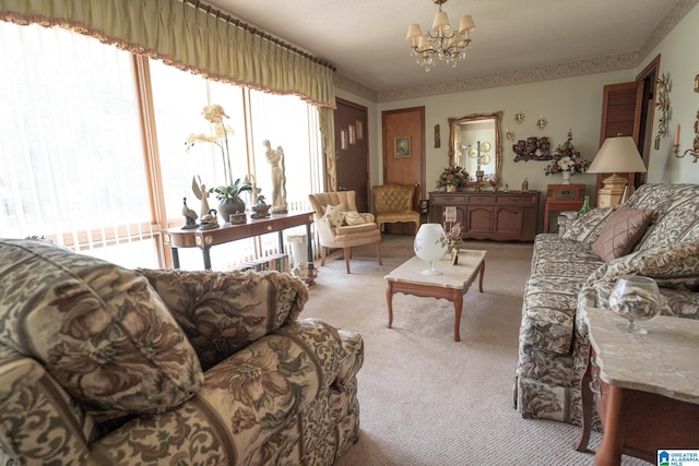3332 Berry Dr, Hueytown, AL 35023 - living area featuring light colored carpet and a chandelier