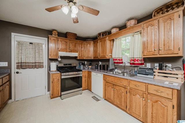 3628 Oscar Bradford Rd, Hayden, AL 35079 - kitchen featuring stainless steel range with gas stovetop, a sink, under cabinet range hood, dishwasher, and ceiling fan