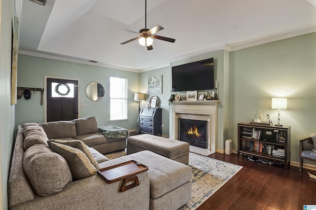 1206 Savannah Ln, Calera, AL 35040 - living room featuring ceiling fan, hardwood / wood-style floors, ornamental molding, a fireplace with flush hearth, and baseboards