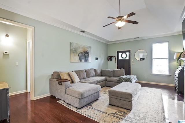 1206 Savannah Ln, Calera, AL 35040 - living area with a ceiling fan, wood finished floors, ornamental molding, baseboards, and vaulted ceiling