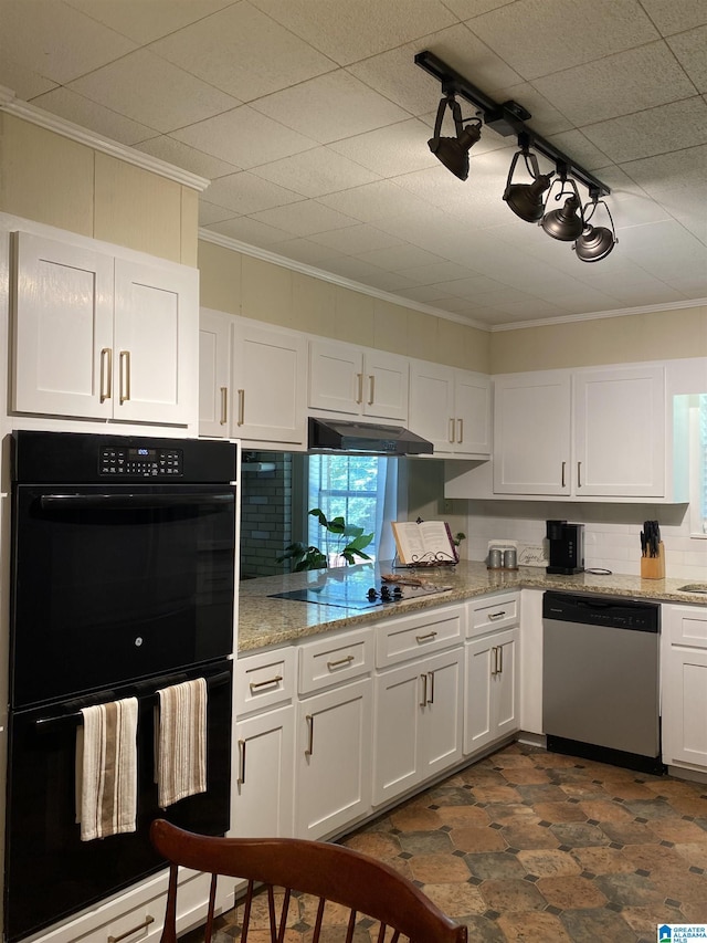 5769 Eastern Valley Rd, Mccalla, AL 35111 - kitchen featuring black appliances, white cabinetry, ornamental molding, and tasteful backsplash
