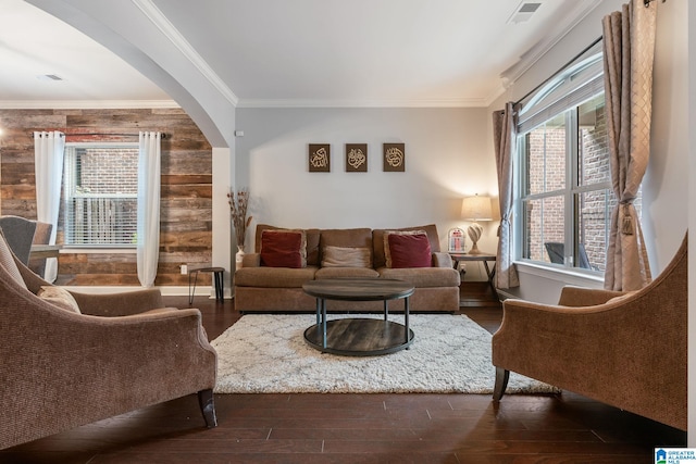 5432 Park Side Cir, Hoover, AL 35244 - living area with crown molding, arched walkways, wood finished floors, and wooden walls