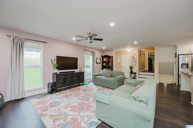 2479 Chuchura Rd, Birmingham, AL 35244 - living area featuring dark wood-style floors, ceiling fan, and recessed lighting