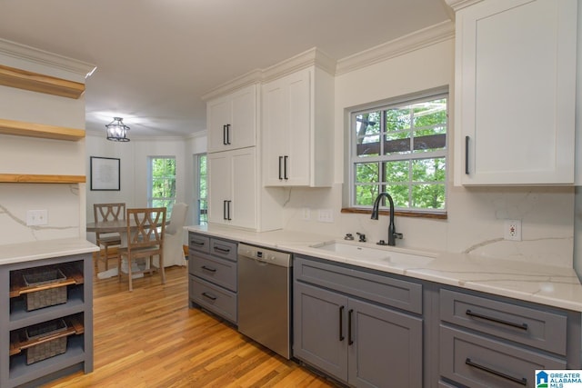 1794 Riverknolle Rd, Tallassee, AL 36078 - kitchen with dishwasher, gray cabinets, a sink, open shelves, and ornamental molding