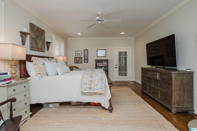 312 La Playa Pl, Homewood, AL 35209 - bedroom featuring dark wood-style floors, ornamental molding, access to exterior, recessed lighting, and ceiling fan
