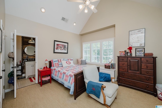 312 La Playa Pl, Homewood, AL 35209 - bedroom with light carpet, high vaulted ceiling, recessed lighting, ensuite bathroom, and a ceiling fan
