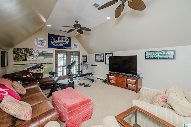 312 La Playa Pl, Homewood, AL 35209 - carpeted living area with ceiling fan, lofted ceiling, baseboards, and recessed lighting