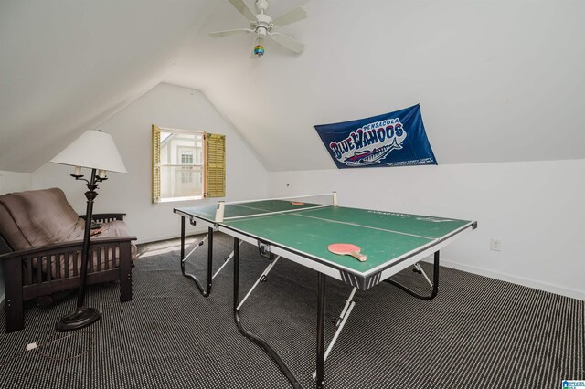 312 La Playa Pl, Homewood, AL 35209 - rec room with carpet, lofted ceiling, ceiling fan, and baseboards