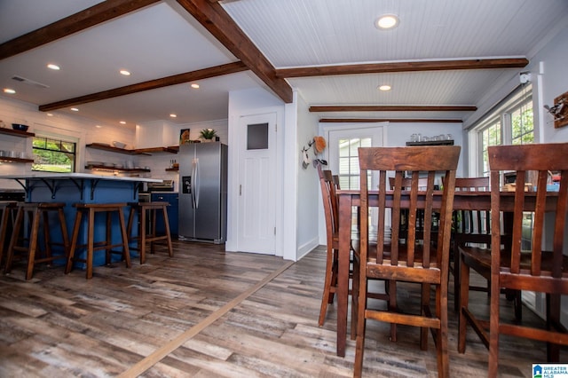 327 County Road 4315, Wedowee, AL 36278 - dining room featuring beam ceiling, dark wood-style floors, recessed lighting, and baseboards