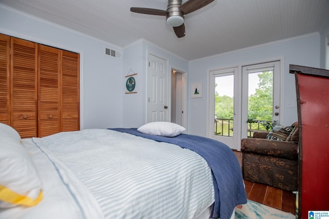 327 County Road 4315, Wedowee, AL 36278 - bedroom with wood finished floors, access to exterior, a closet, crown molding, and a ceiling fan