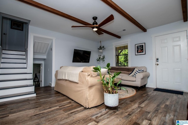 327 County Road 4315, Wedowee, AL 36278 - living area featuring beamed ceiling, a ceiling fan, wood finished floors, and stairs