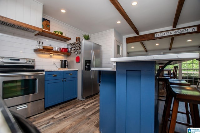 327 County Road 4315, Wedowee, AL 36278 - kitchen featuring stainless steel appliances, blue cabinetry, wood finished floors, a kitchen bar, and beamed ceiling